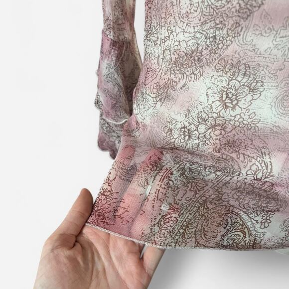VTG Y2K Timid Sheer Pink & Brown Silk Paisley Keyhole Bell Sleeve Fairycore Top - Picture 5 of 8